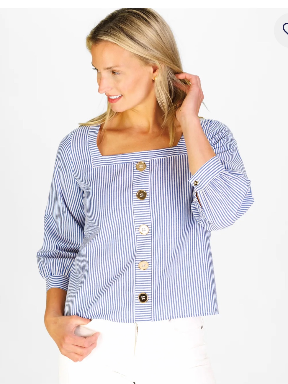 Duffield Lane Elise Top Med Nwt Blouse Navy White Stripe Square Neck Gold Button